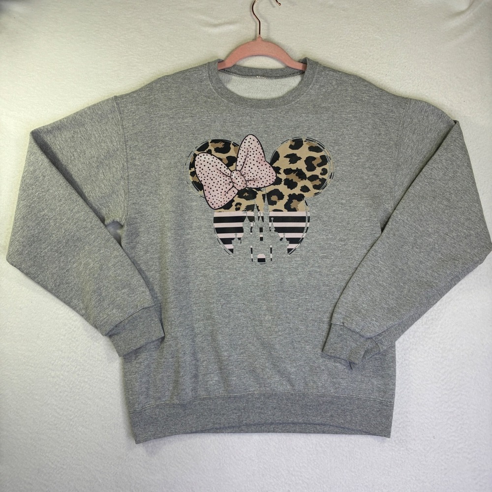 Disney Minnie Mouse Leopard Castle Graphic Sweatshirt Gray Crewneck Pullover